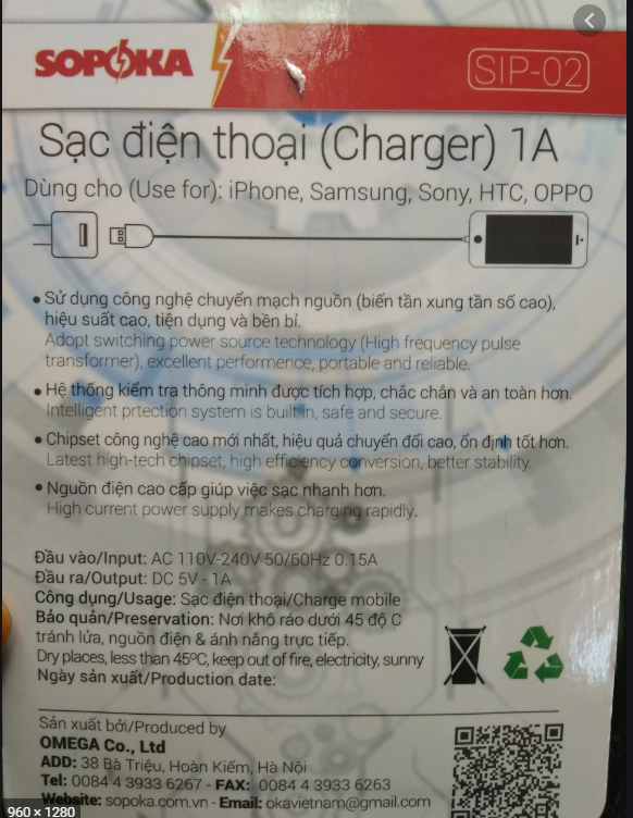 củ sạc điện thoại sopoka Việt Nam
