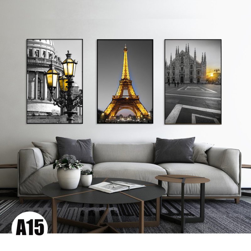Tranh treo tường 3 bức họa tiết Paris tông màu vàng đen siêu đẹp cỡ lớn (40x60cm)