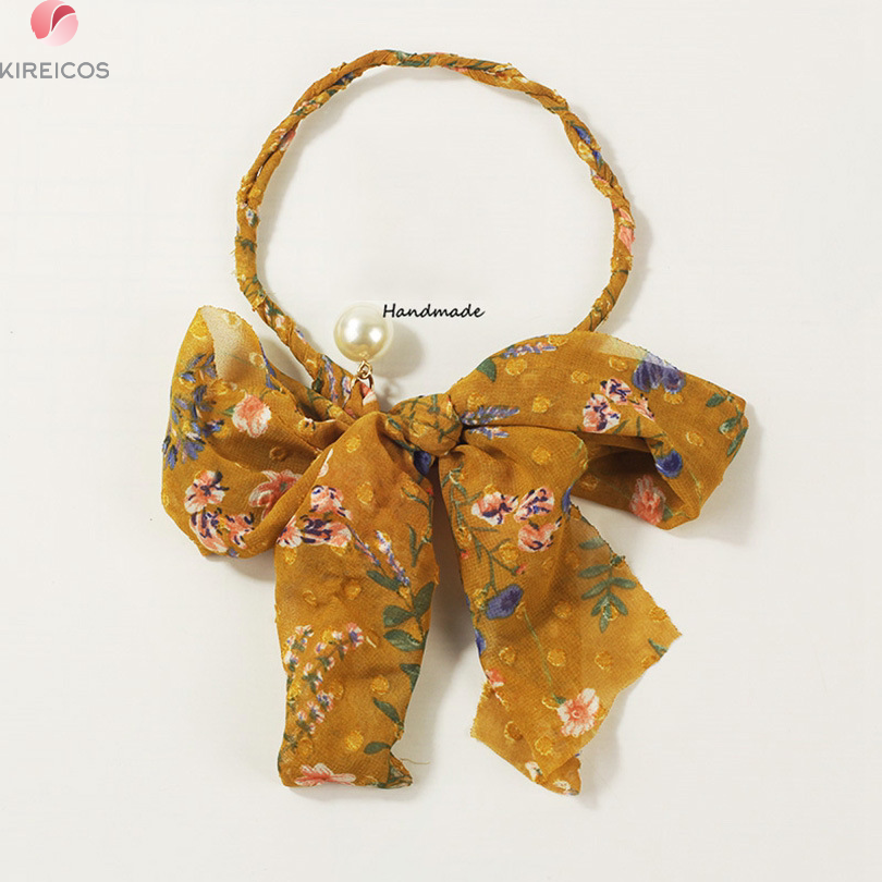 [HCM]Dây Quấn Tóc Búi Tóc Vải Voan Nơ Dài Đính Hạt Châu Cao Cấp - kireicos