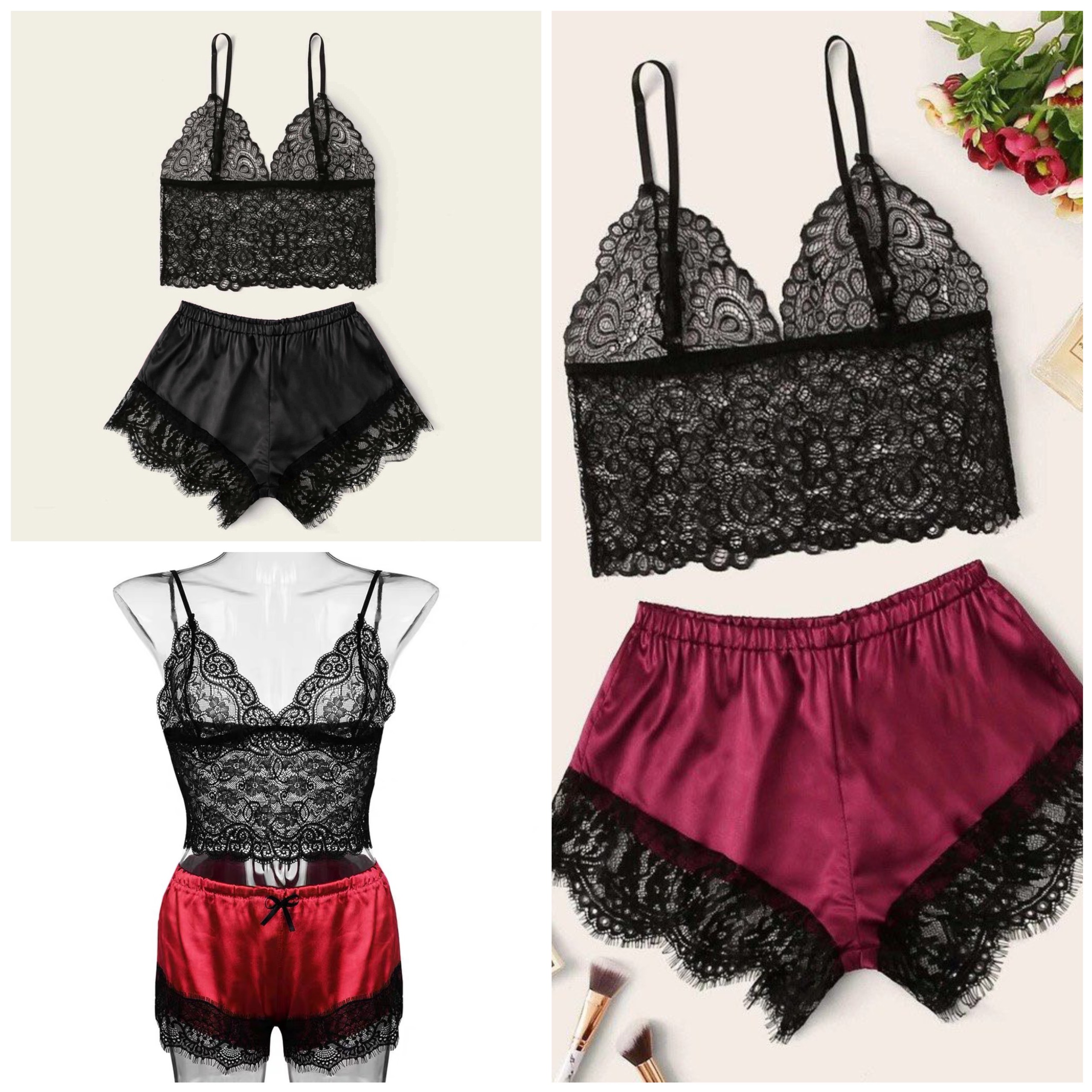 Set đồ ngủ lụa 2 dây phối ren mặc nhà mặc ngủ cho nữ