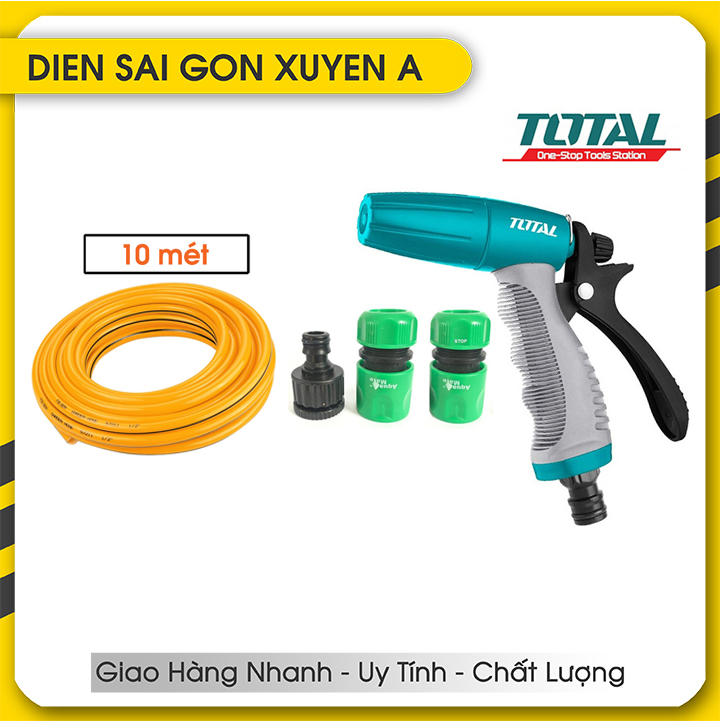 10 mét ống nhựa PVC, khớp nối ống và vòi  xịt nước rữa tưới cây 8 tia đa năng TOTAL THWS010301  TOLSEN