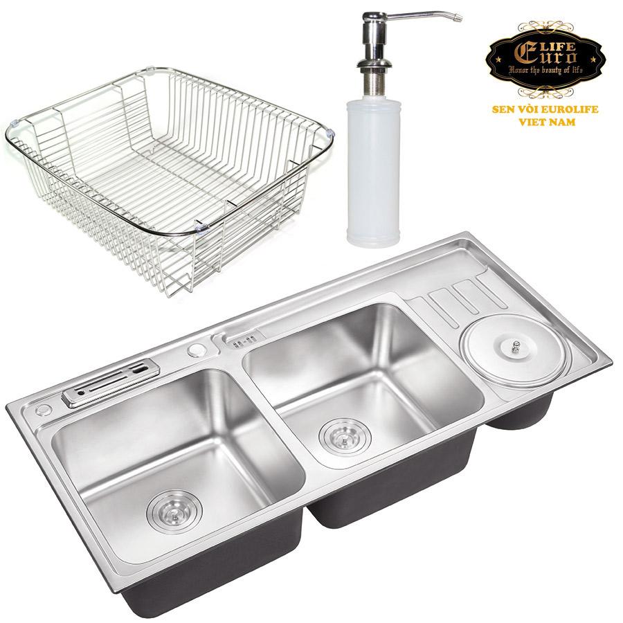 Bộ 1 chậu rửa chén Eurolife EL-C3 (Trắng bạc) + 1 bình xịt nước rửa chén Eurolife C11 (Trắng bạc) + 1 rổ Inox Eurolife C16 (Trắng bạc)