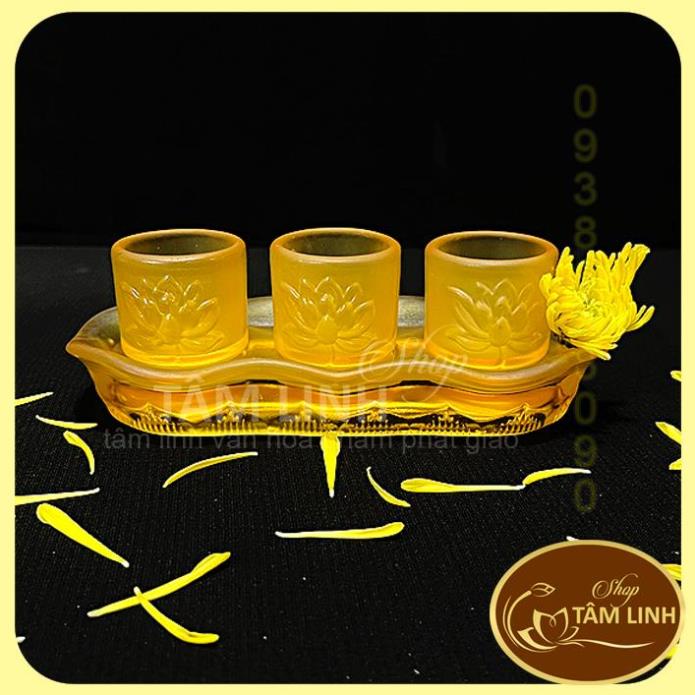 Bộ án 3 ly nước thờ cúng bằng lưu ly vàng siêu đẹp