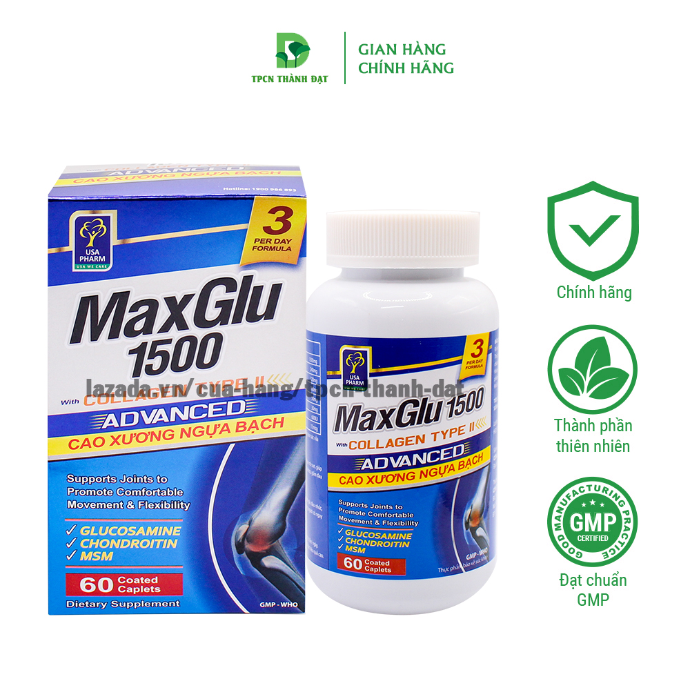 Viên uống MAXGLU 1500 bổ xung Glucosamine hỗ trợ xương khớp - Chai 60 viên