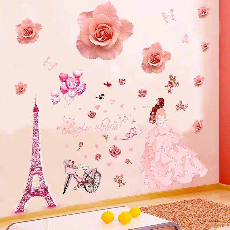 Decal dán tường, tranh dán tường trái tim hồng và cô dâu