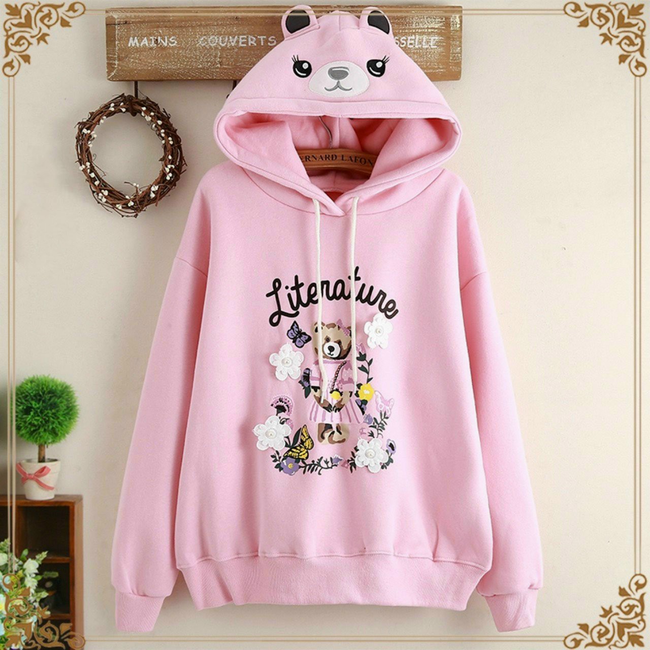[HCM]Áo Hoodie Nỉ Bông in Hình Gấu Mặc Váy Nón Phối 2 Tai Thỏ Siêu Đáng Yêu.XTTT