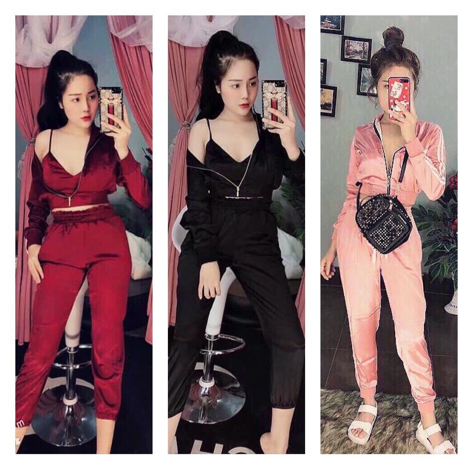 Sét thể thao phi lụa 3 món áo 2 dây + quần + áo khoác