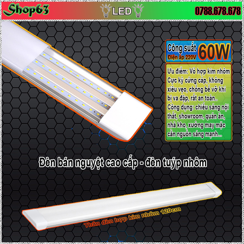 Đèn LED bán nguyệt nhôm cao cấp 60W - đèn tuýp 1m2 ánh sáng trắng siêu sáng (thân nhôm cứng dày + vỏ mica cứng cáp tản quang tốt)