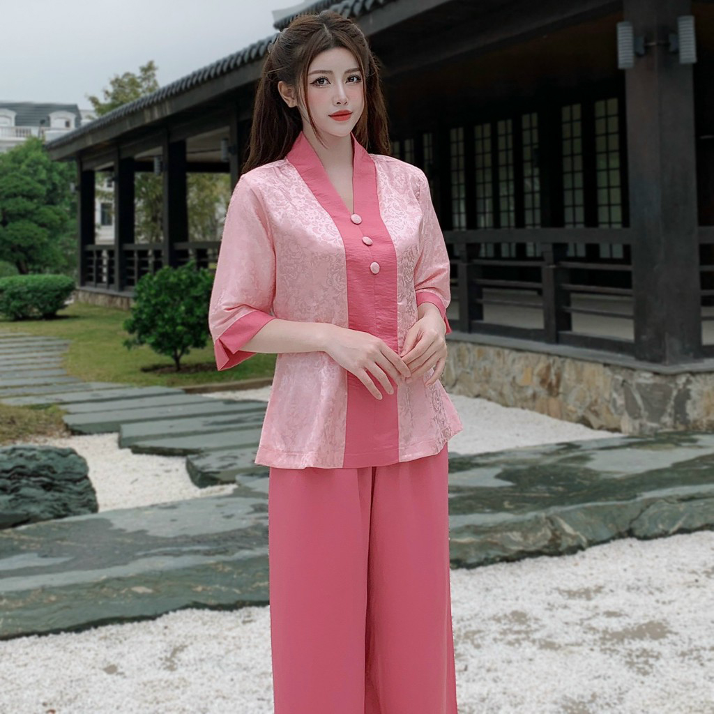 mẫu đồ lam đi chùɑ #bộ bà lai gấm phối lụa-pháp phục đồ lam