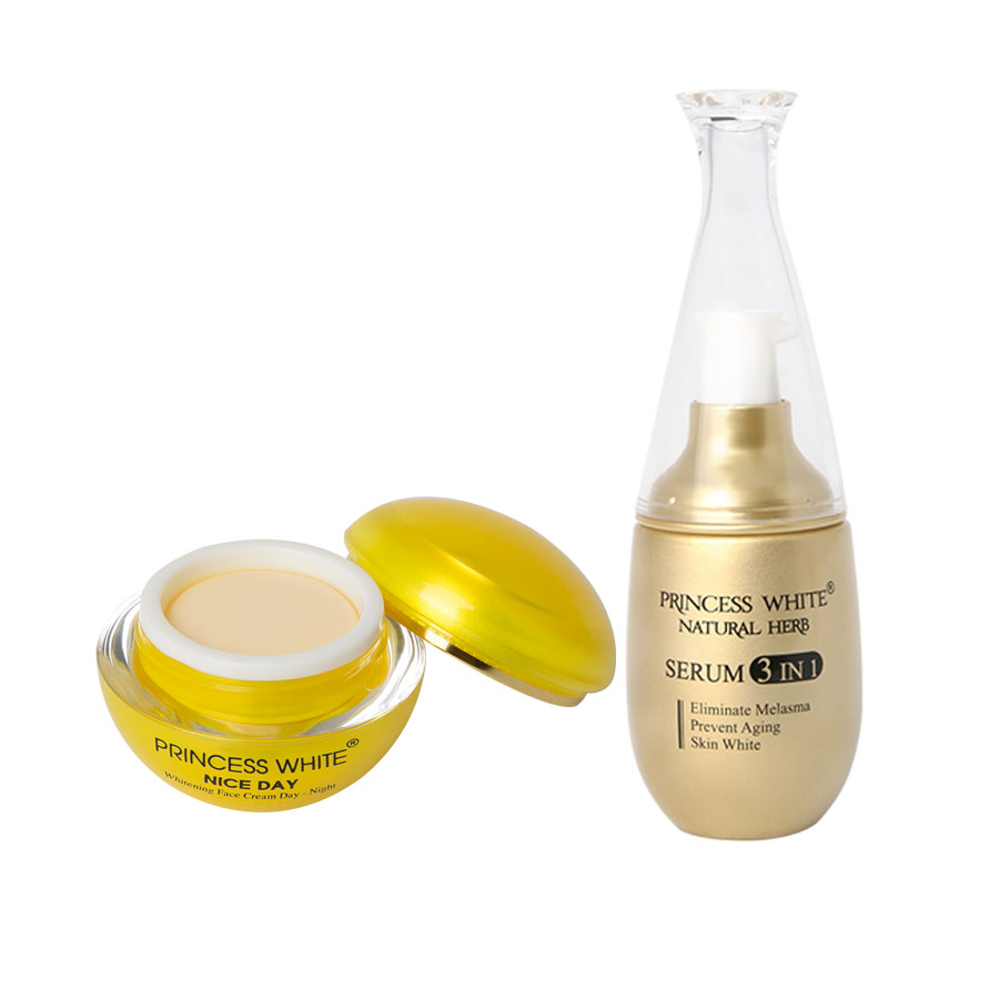 Bộ sản phẩm kem dưỡng trắng da mặt NICE DAY + Serum 3 in 1 dưỡng da mờ thâm nám PRINCESS WHITE Cao Cấp