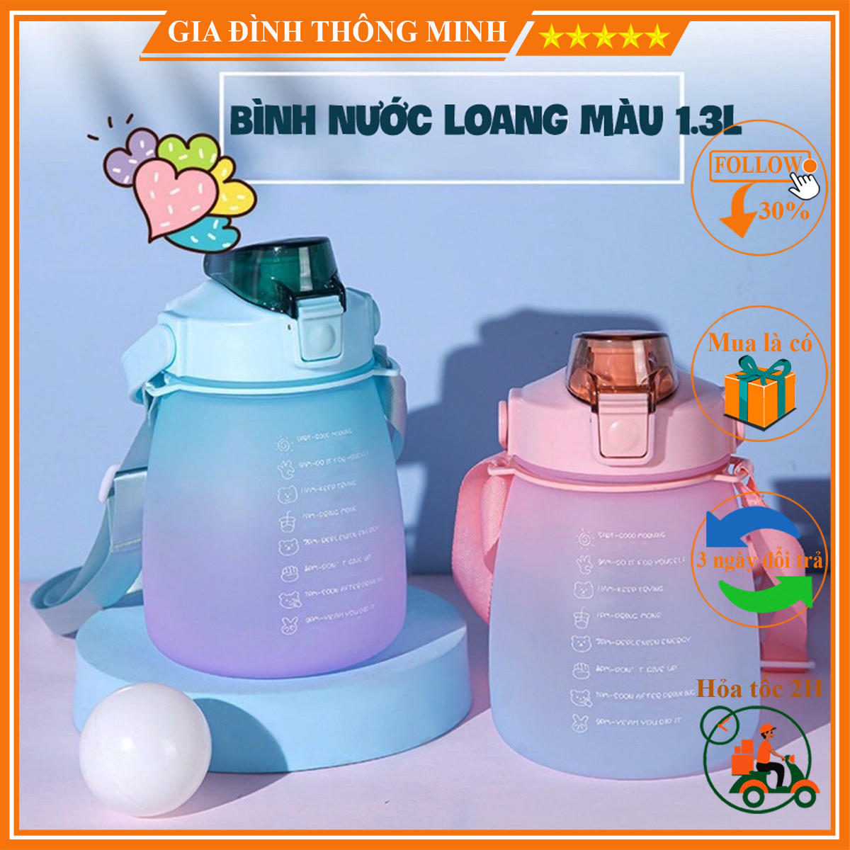 Bình nước loang màu1.3L tặng kèm sticker 2D
