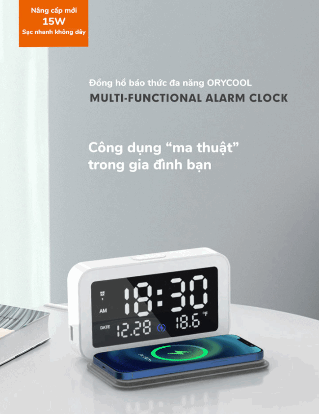 Pktl đồng hồ để bàn kiêm đế sạc không dây orycool