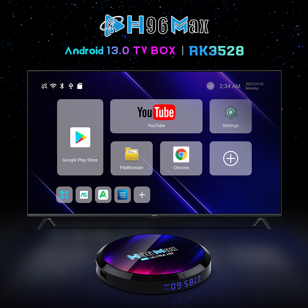 Android tv box Ram 2GB/4GB bộ nhớ trong 16GB/32GB hệ điều hành android 13.0 Rockchip 3528 Wifi kép hỗ trợ xem Video 8K Bluetooth 5.0  bảo hành 12 tháng H96MAX 3528 tivi box