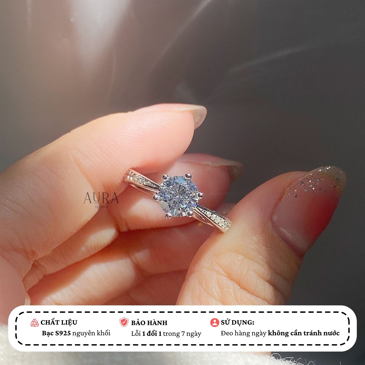 Nhẫn bạc Kira xi vàng trắng-Aura Silver-N55