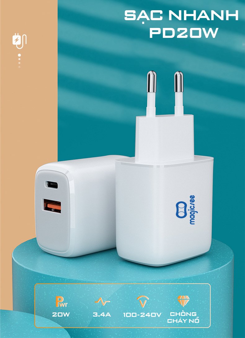 Củ sạc nhanh PD20W Magicsee E1 QC3.0 , tối đa 20W , 2 cổng USB và Type C