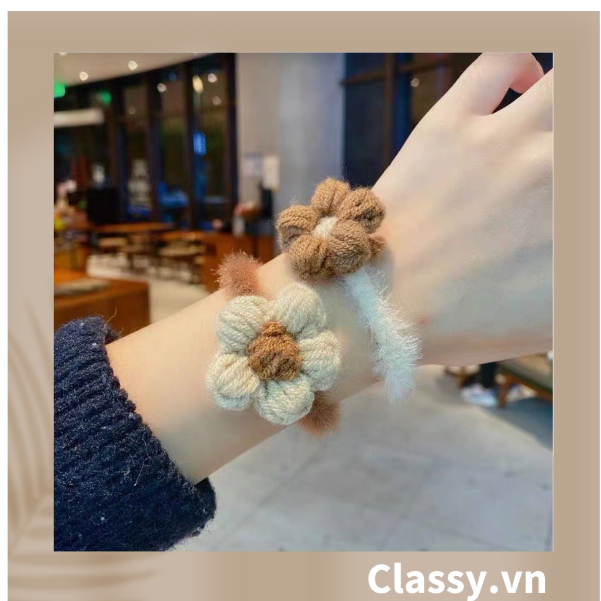 Classy Dây Cột Tóc Đính Hoa Bằng Len Phong Cách Hàn Quốc