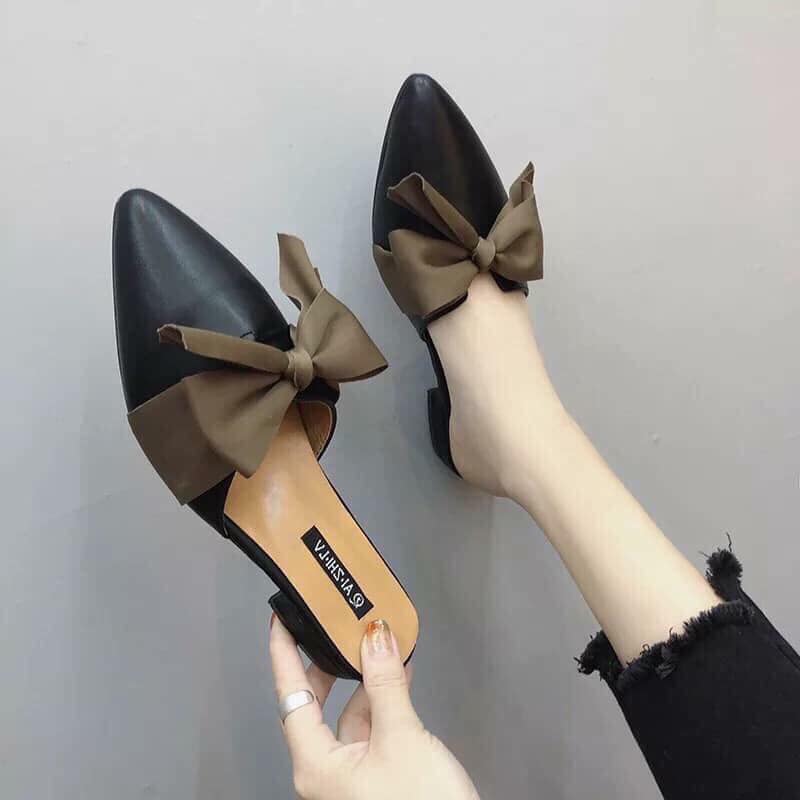 dép sục nữ mũi nhọn thắt nơ lụa hàng cao cấp kèm clip