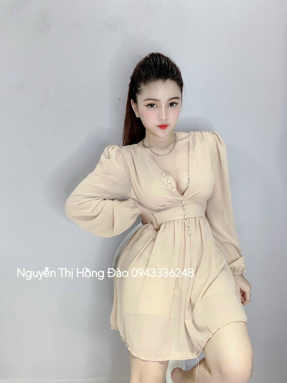 Đầm tay dài nút bọc-MTB#damnu