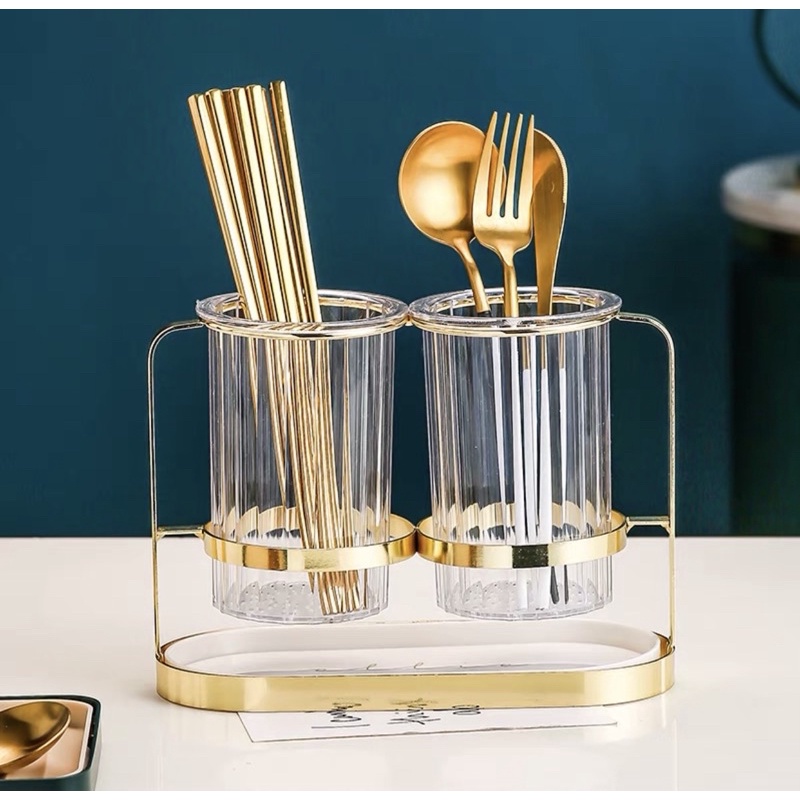 Ống cắm đũa thìa đôi cao cấp có khung inox mạ vàng