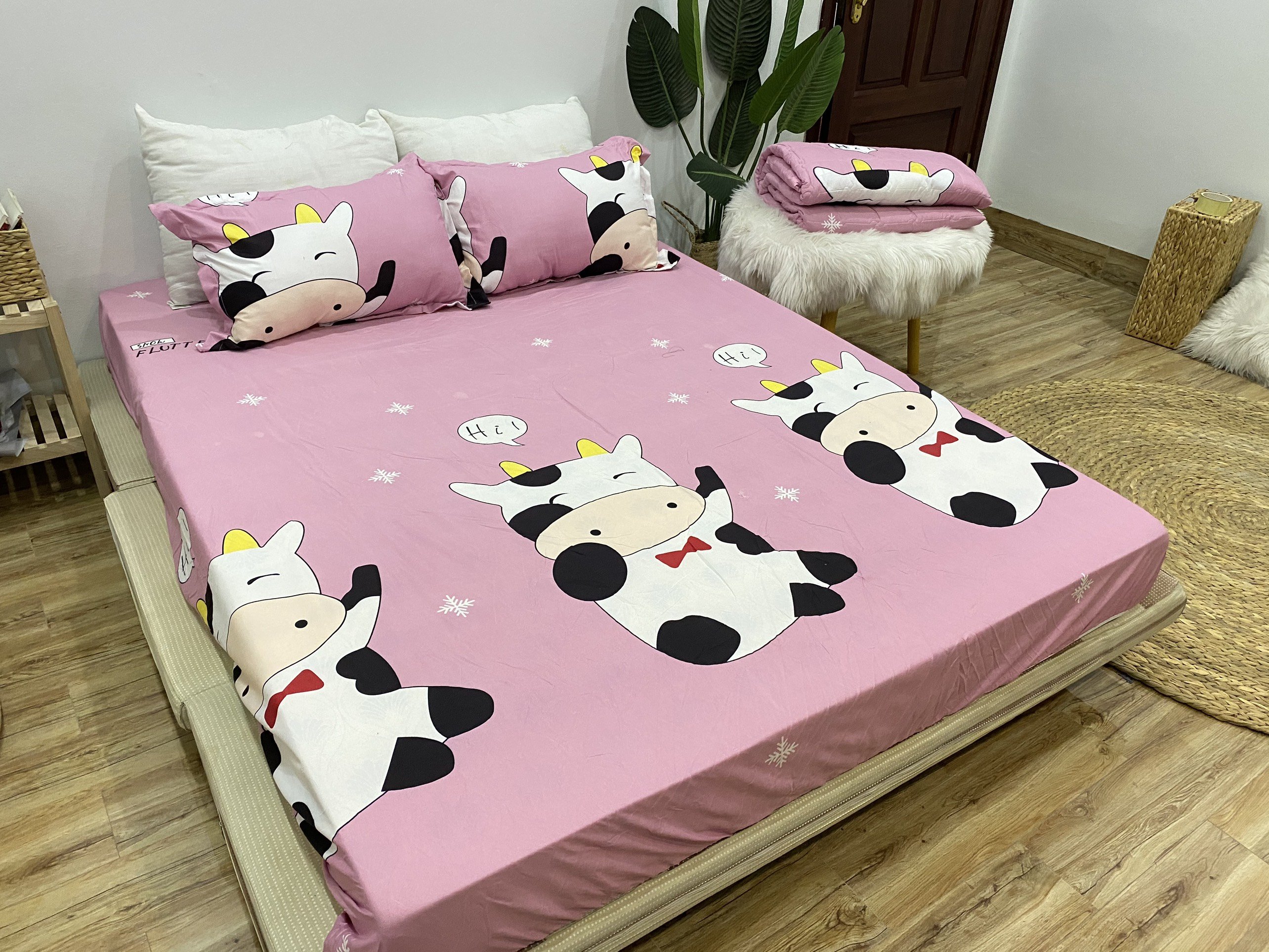 Bộ Ga Gối 3 Món1m8x2m Poly cotton, mẫu doremon đàn
