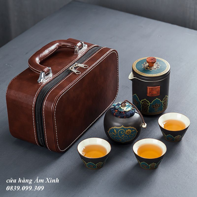 Bộ ấm chén pha trà du lịch, kèm vali da sang trọng
