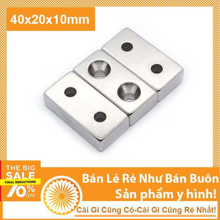Nam châm đất hiếm 2 lỗ vít 40x20x10mm