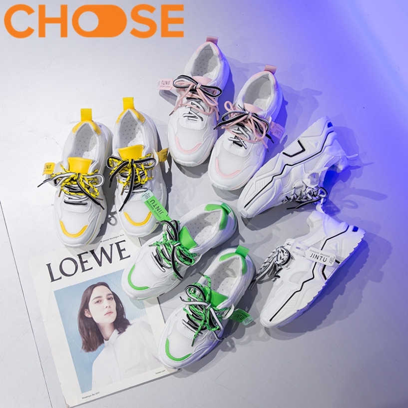 Giày Nữ Độn Đế Giày Sneaker Thể Thao Nữ Viền Màu Nổi Bật Đặc Sắc Xanh Vàng Hồng Trắng 2911 giá rẻ