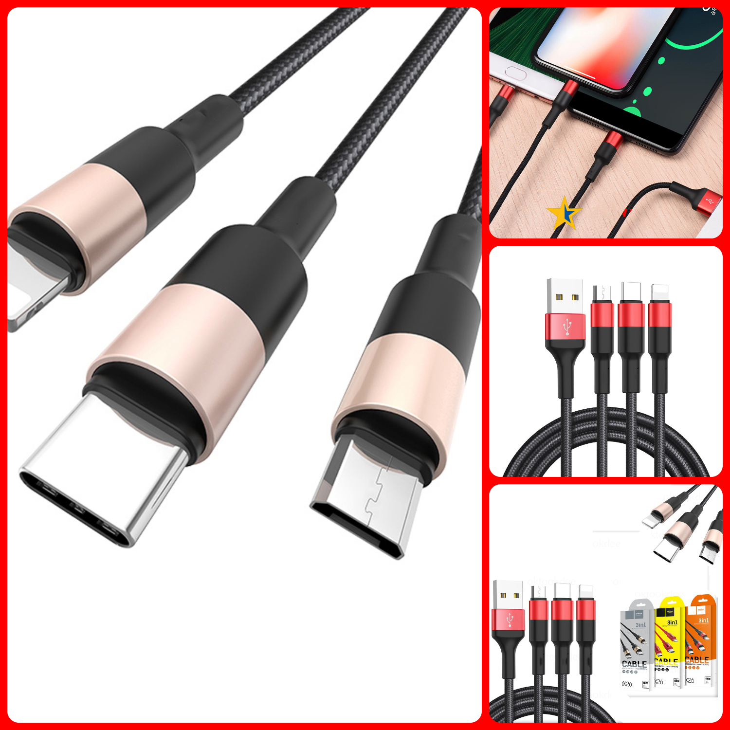 [HCM]Cáp sạc Hoco X26 3 đầu đa năng Lightning - Micro - Type C dài 1m dây dù siêu bền