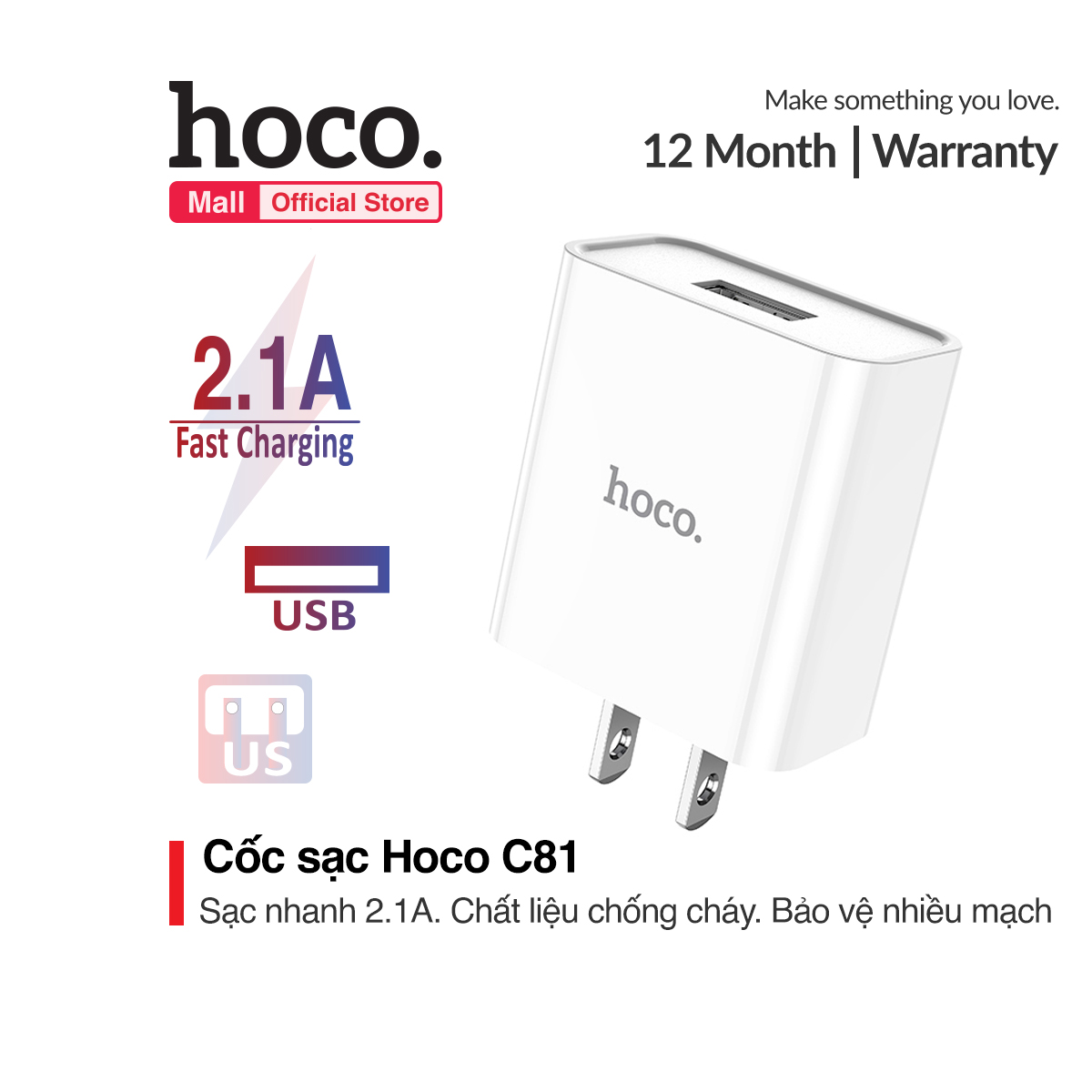 Củ sạc nhanh Hoco C81 sạc nhanh 2.1A 1 cổng sạc USB chất liệu PVC an toàn dành cho iPhone Samsung Huawei Xiaomi Oppo