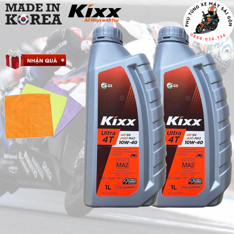 Nhớt Kixx Ultra 4T 10W40 dành cho xe số, côn tay - Nhập khẩu Hàn Quốc (Tặng khăn lau xe Micro)