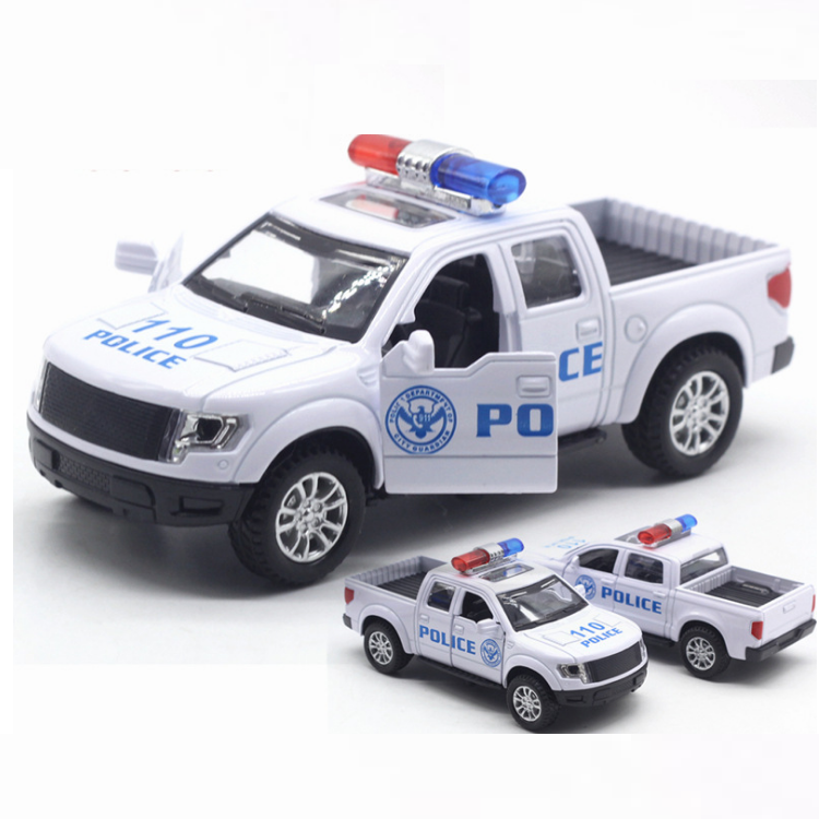 Xe ô tô cảnh sát bán tải mini có âm thanh và đèn xe bằng sắt chạy cót mở