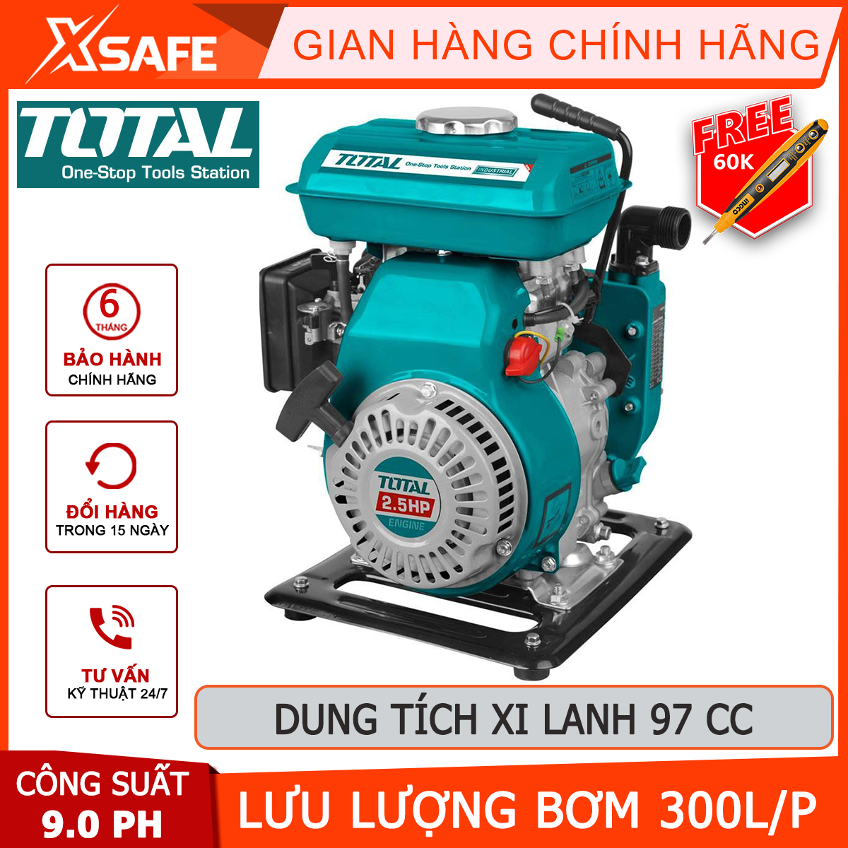 Máy bơm nước dùng xăng TOTAL TP3101 Máy bơm nước mini chạy xăng Công suất bơm 9.0HP Lưu lượng bơm 300L/min Đường kính ống hút & xả 25 mm 1' Độ hút sâu 6m Chiều cao bơm 18m, hút nước ao hồ, bơm tưới cây, tăng áp lực nước mạnh