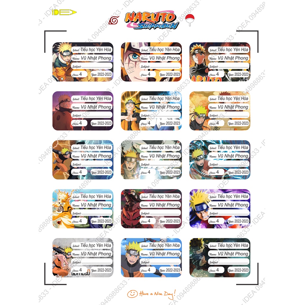 15 Nhãn vở NARUTO in tên riêng cho bé