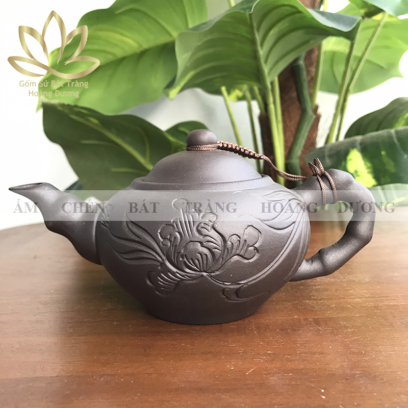 Ấm pha trà Bát Tràng đất nung vẽ tay hoa phù dung 230ml màu đen