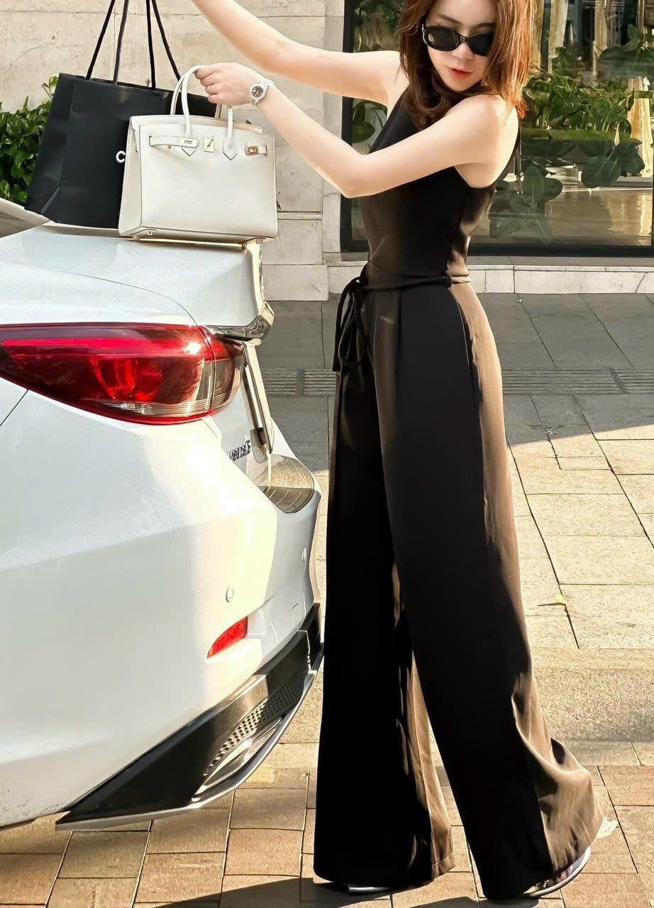 Jum nữ sang chảnh quần ống rộng cột dây eo, jum công sở cổ tròn chất vải tuyết mưa cao cấp