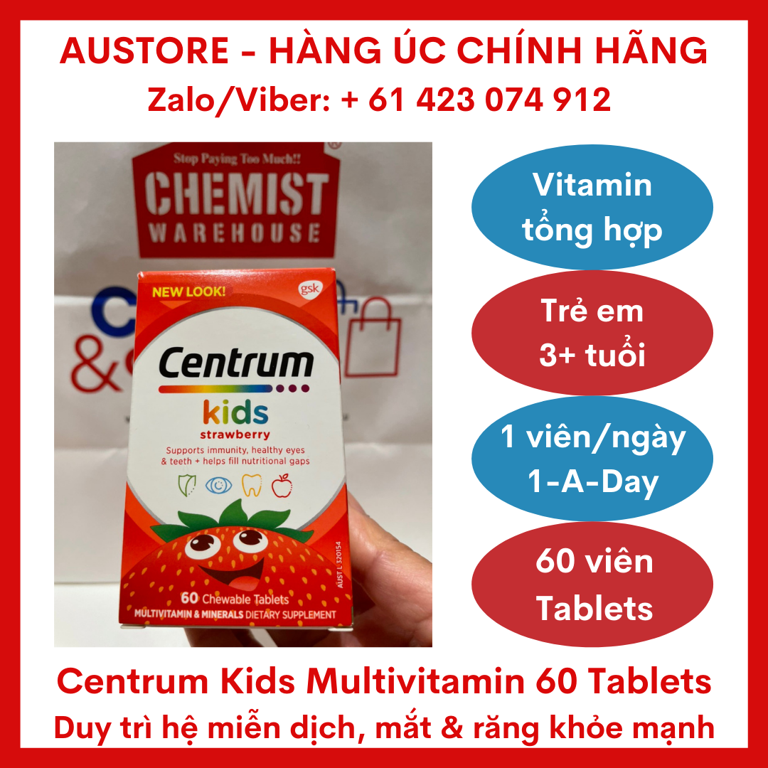 [Bill Úc] Centrum Kids Multi Vitamin 60 Strawberry Tablets (for