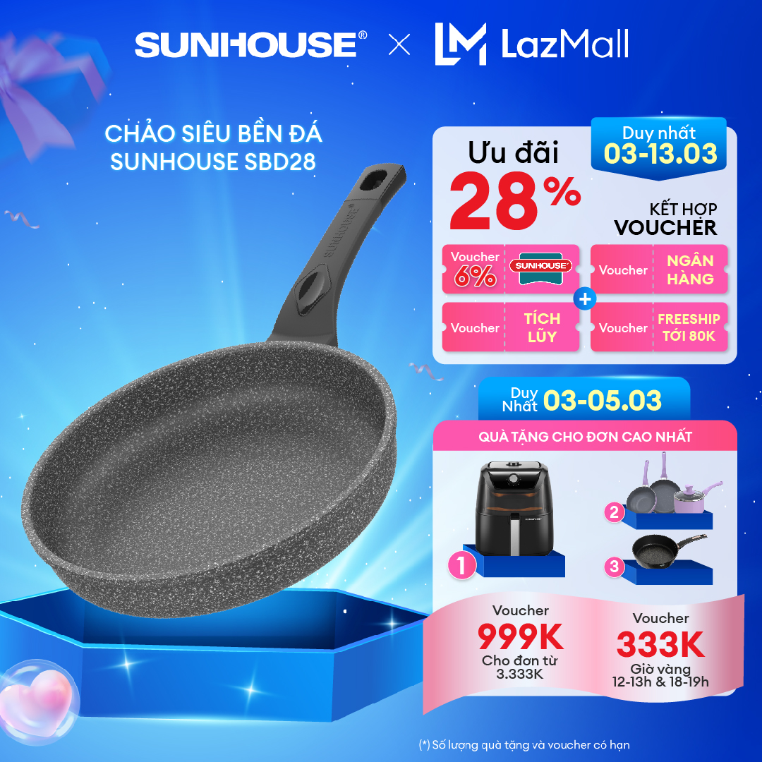 Chảo Đá Chống Dính SUNHOUSE SBD28 - Đường kính 28cm - Không dùng được với bếp từ - Hàng Chính Hãng