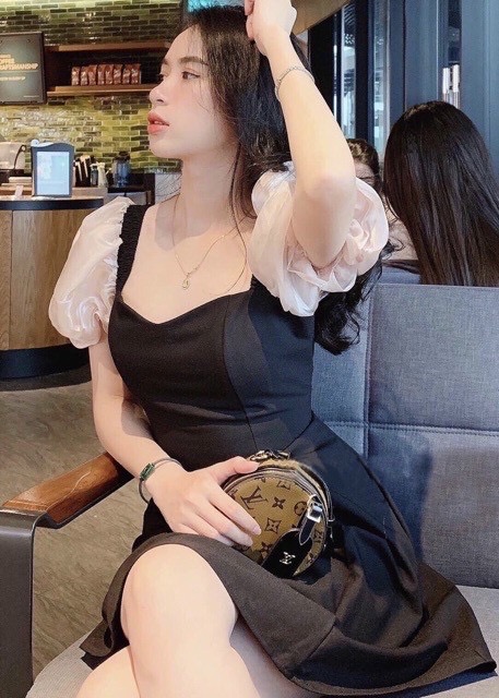 Đầm váy đen phối tay phồng trắng