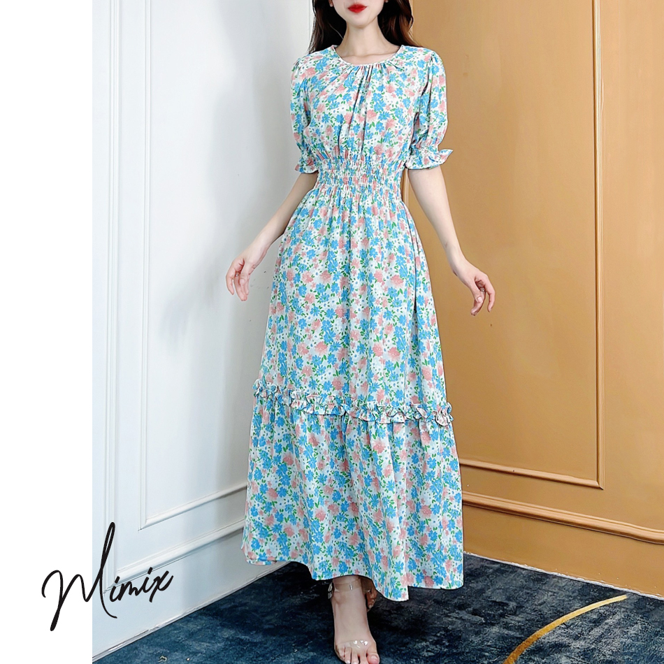 Đầm maxi hoa eo bo chun tay lửng MIMIX BJ6185