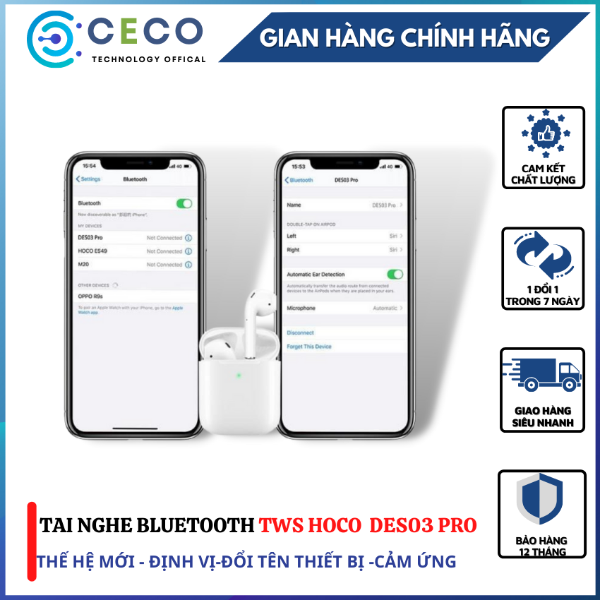 Tai nghe Bluetooth TWS Wireless Hoco DES03 Pro V5.0-Ceco-định vị-đổi tên-chạm cảm ứng cửa sổ kết nối pin 350mAh-Nghe nhạc cực chất-đàm thoại cực rõ-dành cho Học Sinh-Sinh Viên-Công Nhân Viên.