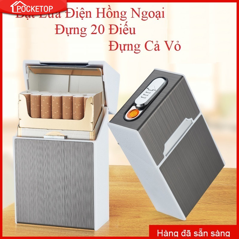 Hộp đựng thuốc lá POCKETOP đựng được  điếu có bật lửa có thể sạc lại