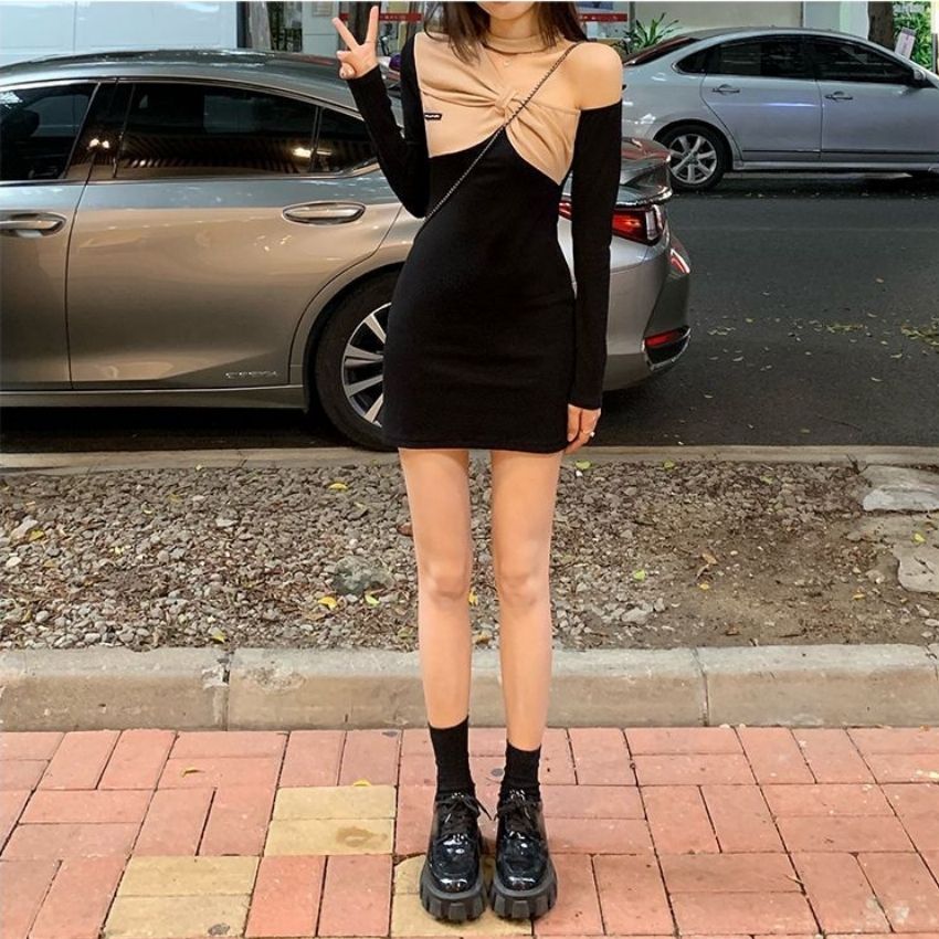 Váy body dài tay , đầm ngắn dáng ôm sexy , hở vai vải bông co dãn cao cấp phong cách thu đông Hàn Quốc