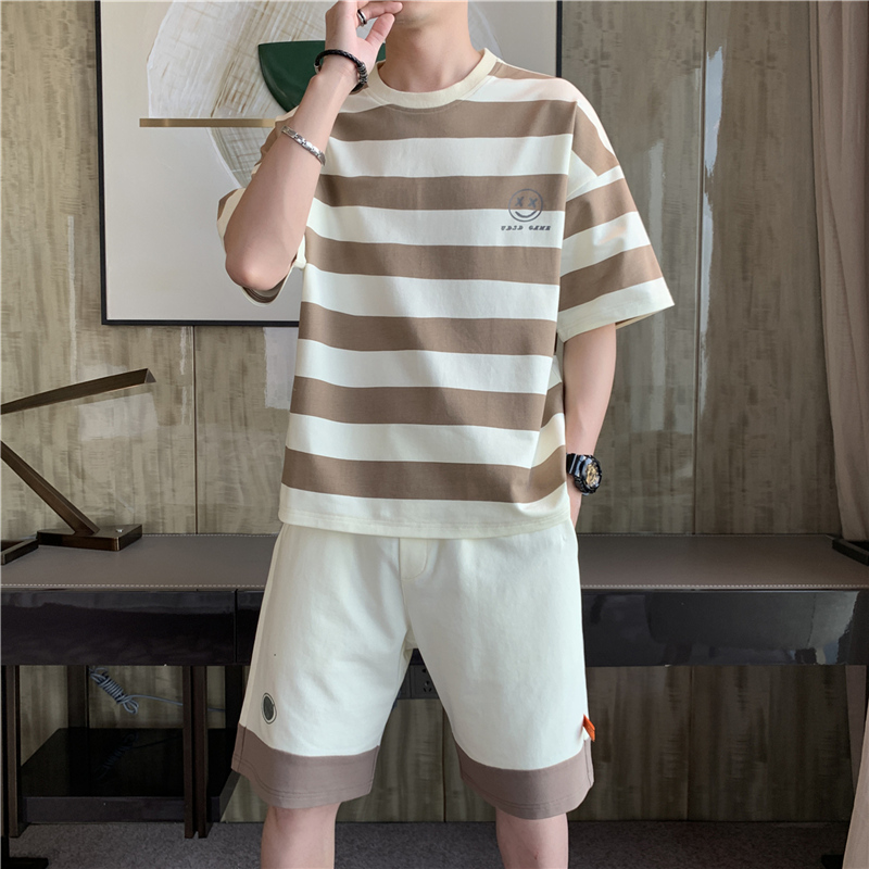 [ Hoàn Tiền Max ] Bộ Quần Áo Thun Nam Tay Ngắn Cổ Tròn Kẻ Sọc Ngang Phong Cách Thời Trang Trẻ Trung Năng Động Blue Monday MEN QA 134