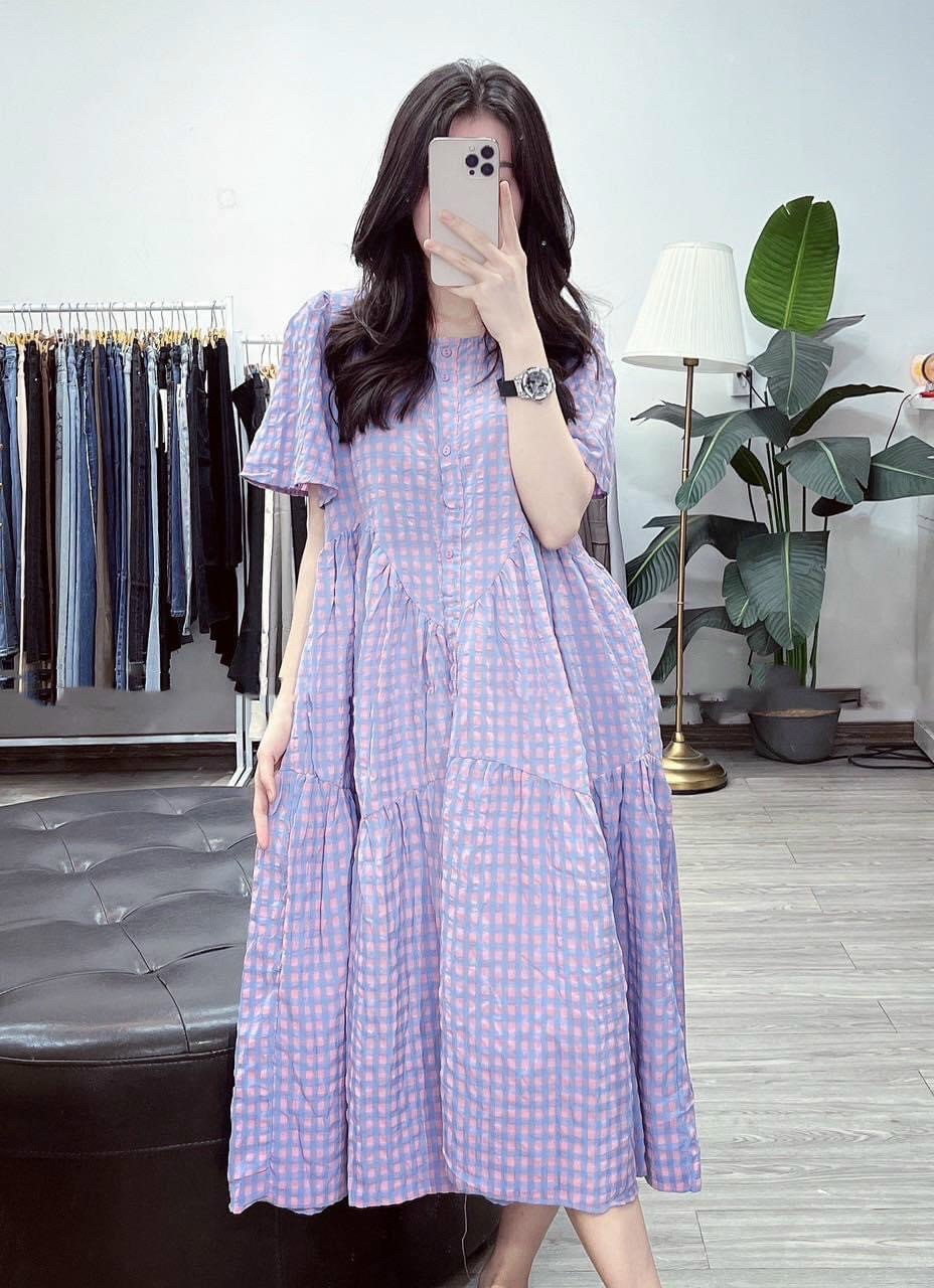 [FREESHIPMAX] Váy bầu mùa hè cộc tay cổ  sơ mi trẻ đẹp-đầm bầu xinh kẻ sọc giá rẻ thiết kế đẹp