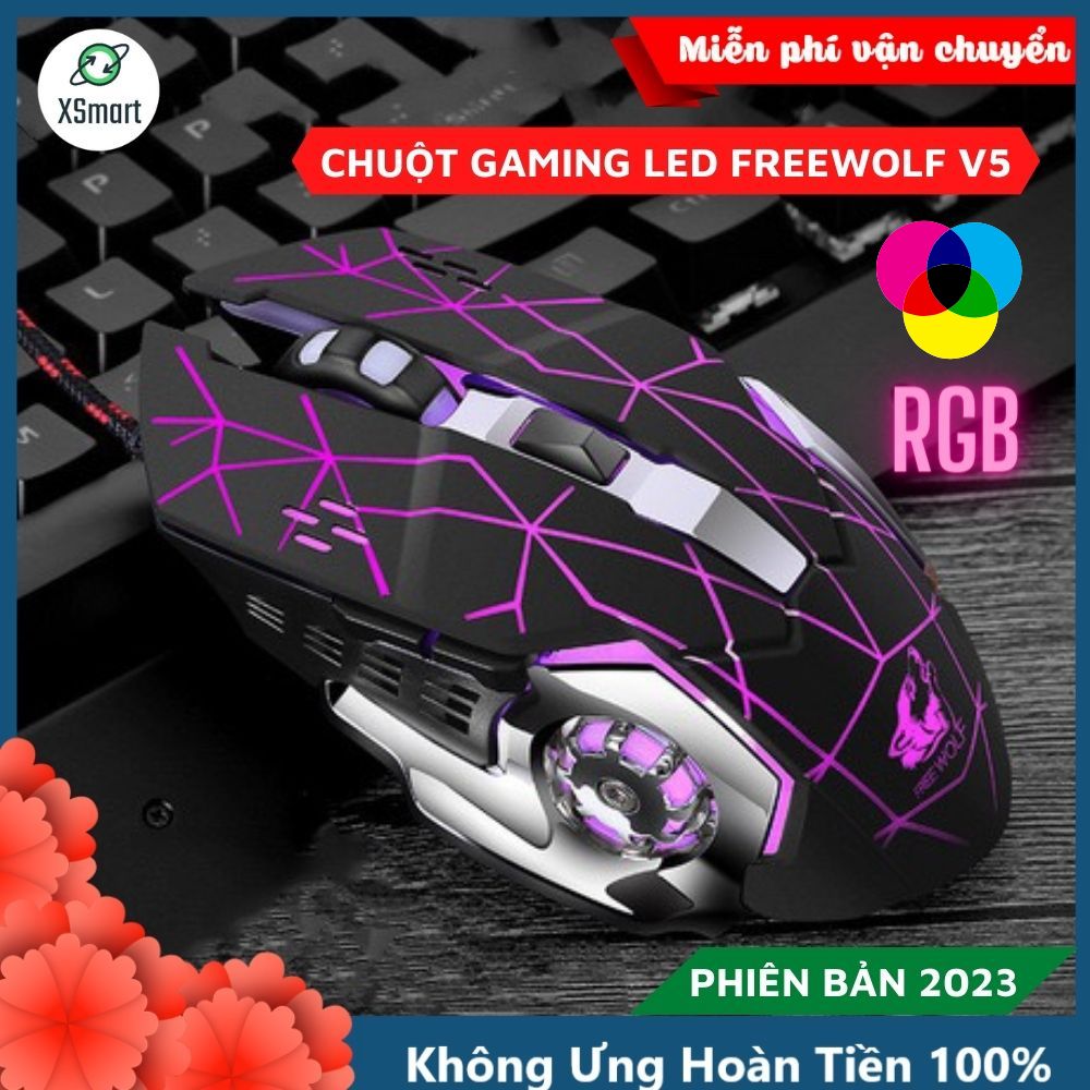 Chuột Máy Tính PC Gaming FREE WOLF V5 Led 7 Màu Cực Đẹp Chuyên Game Dây Siêu Bền Dành Cho Gamer Chuyên Nghiệp Chỉnh Được DPI Chơi Liên Minh PUBG Đột Kích FIFA Cực Đã - XSmart