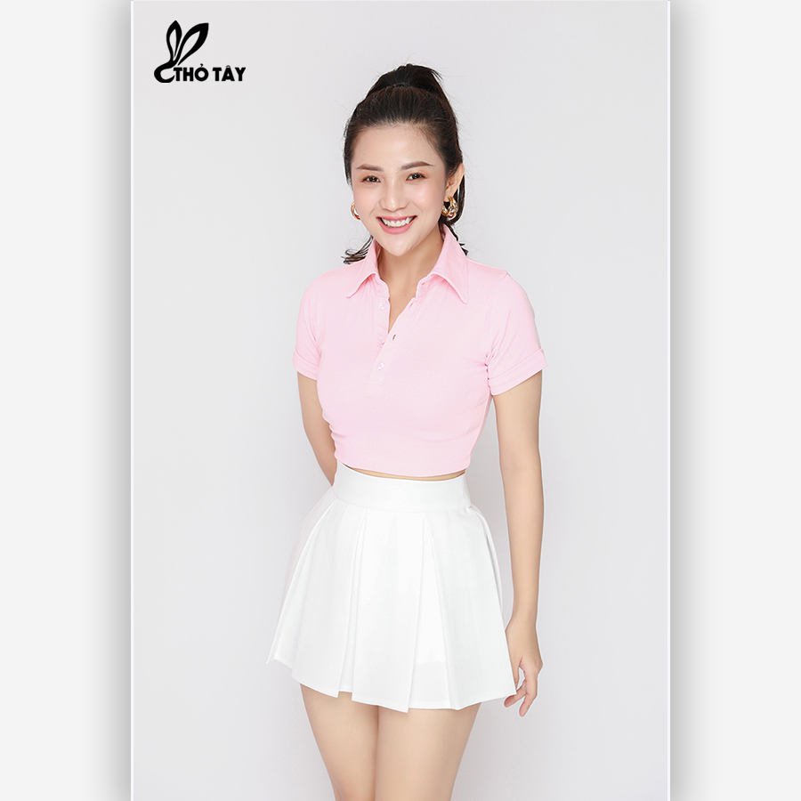 Áo Thun Nữ Cổ Bẻ Form Croptop - THỎ TÂY A220B645