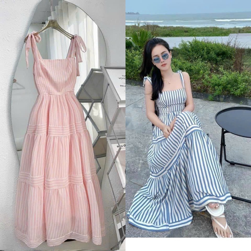 Đầm maxi kẻ sọc 2 dây cột nơ vai