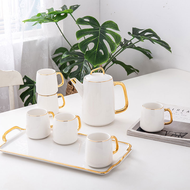 Bộ bình cốc sứ kèm khay Cao cấp màu trắng.