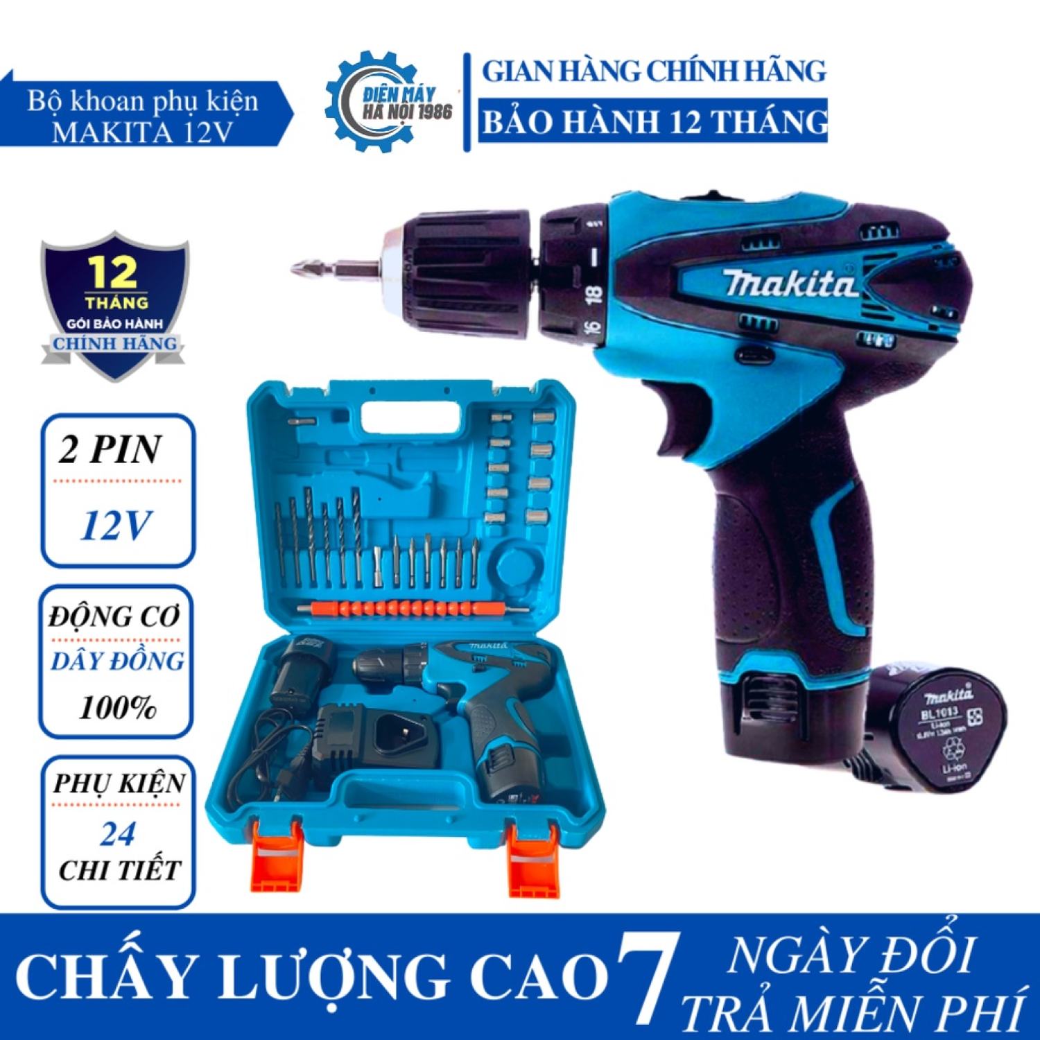 Máy khoan Makita 12V tặng kèm bộ phụ kiện đầy đủ - Máy bắɴ vít Makita 2 pin 12V