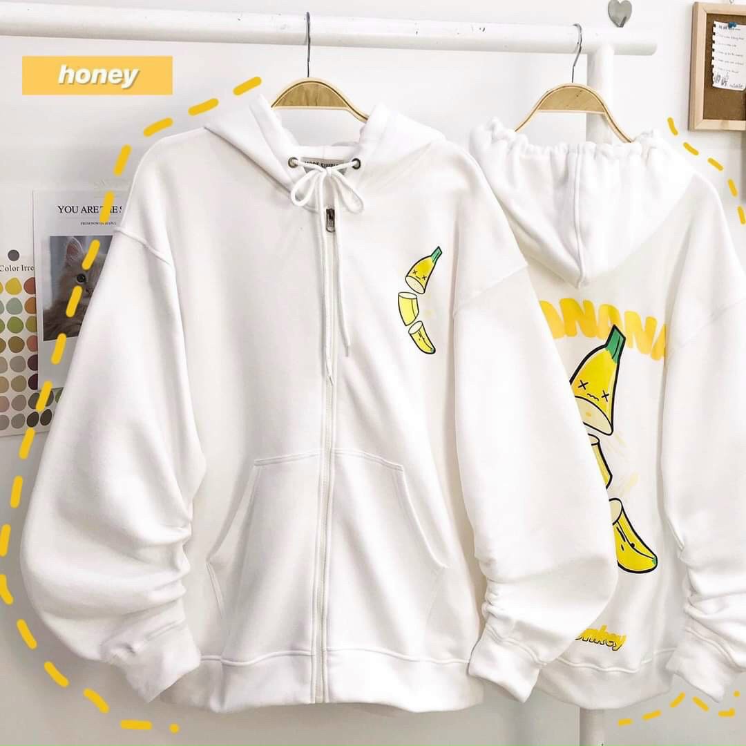Áo Khoác Nỉ nữ hoodie form rộng phối dây kéo sang trọng đẳng cấp nữ in banana ten teen